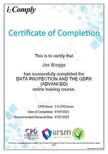 GDPR Advanced Certificate Example