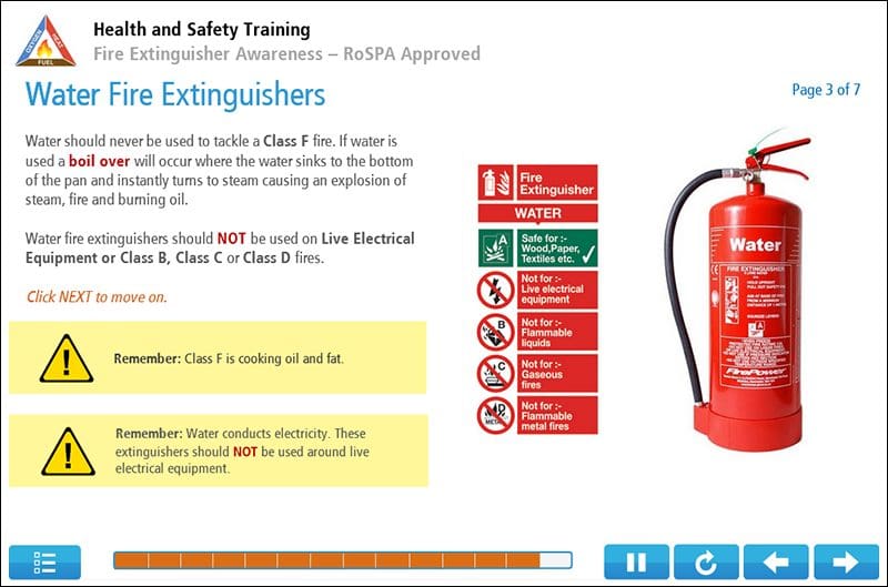 Example Screens on Fire Extinguisher Awareness Training 1