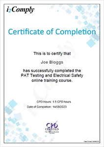 PAT Testing Course Example Certificate